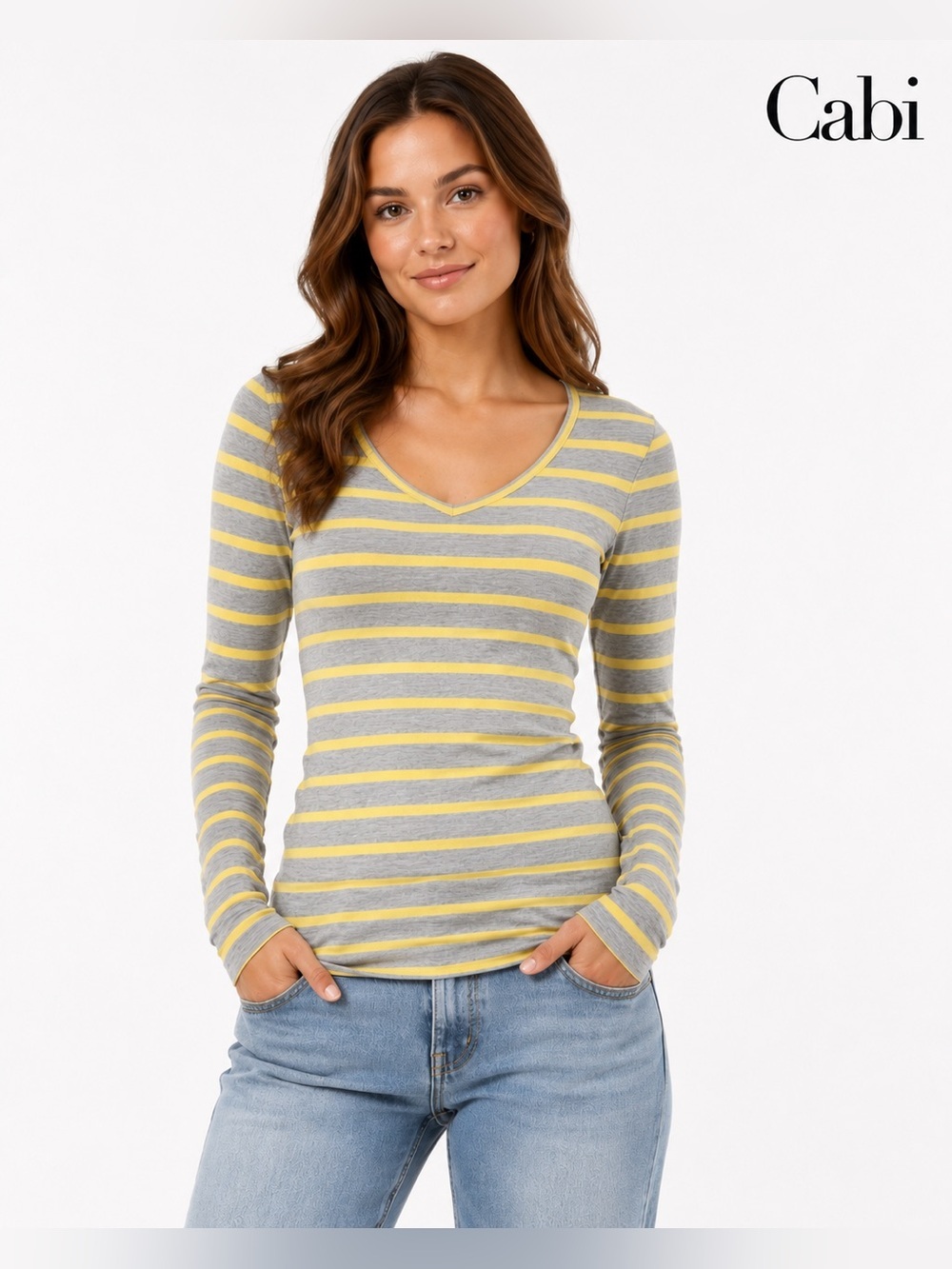 Cabi Gray Yellow Striped Long Sleeve V-Neck Stretch Knit Top Rayon Blend Small